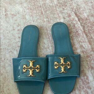 Tory Burch Teal Slides with Gold Emblem